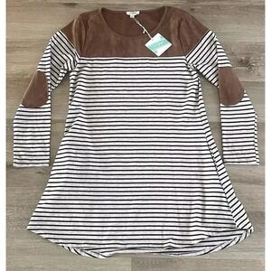 Umgee Striped Suede Mini Dress Elbow Patches White Pockets Size Small